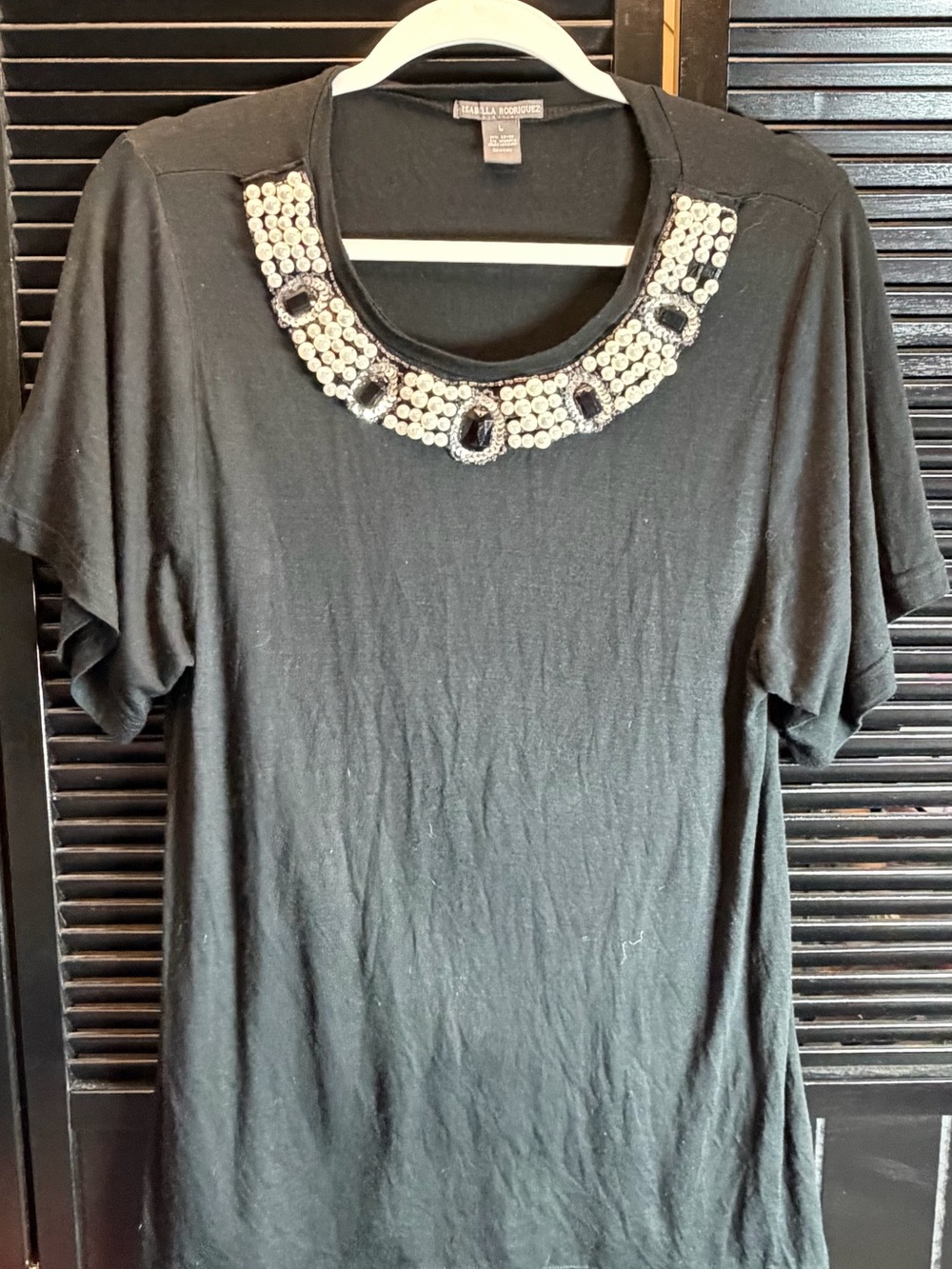 Isabella Rodriguez Black Short-Sleeve Embellished Necklace Top
